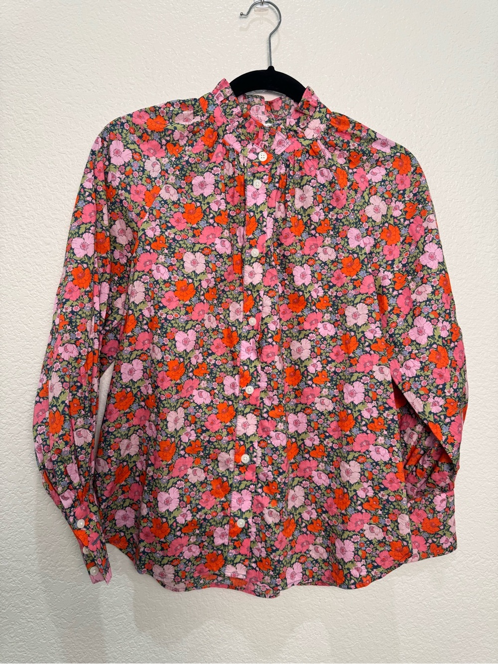 J.Crew Liberty London Floral Shirt Womens 4 Pink Orange Button Up Ruffle Neck